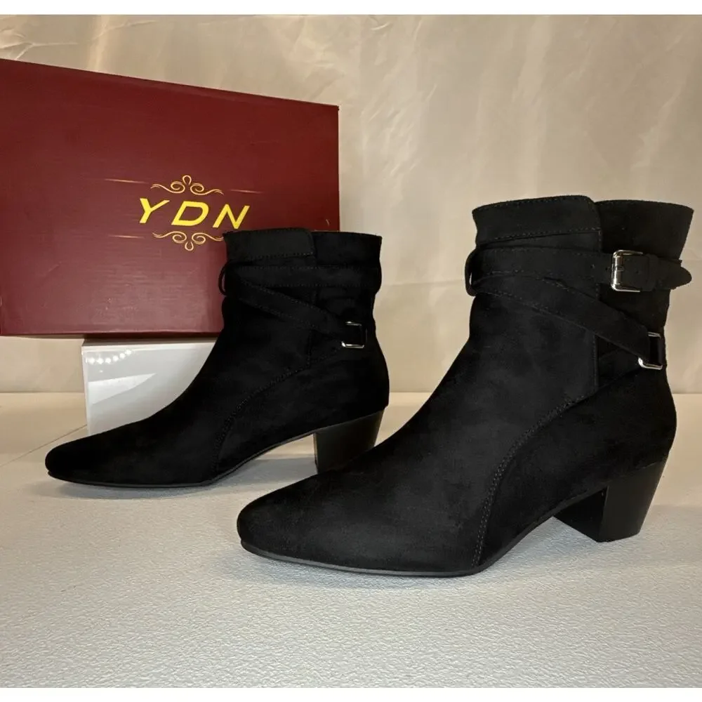 YDN Black Suede Boots Buckle Wrap Strap Block Heel Booties Women’s Size 8